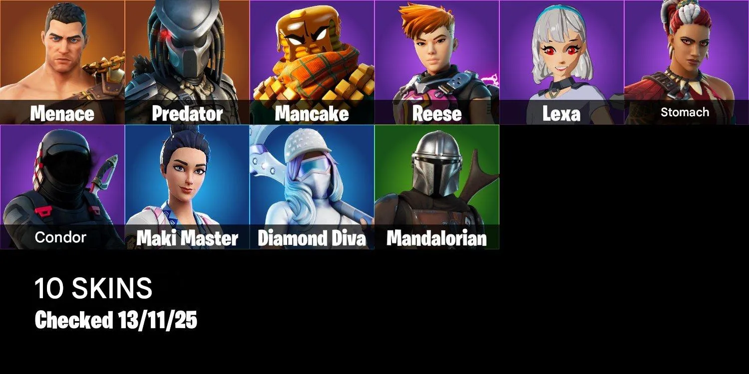 F1125 10 Skins | Leviathan Axe | Shooting Starstaff | Mancake | Menace | Predator | Reese | Lexa | Mave | Kondor | Maki Master